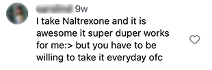 Screenshot of a social media comment from a naltrexone user