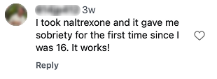 Screenshot of a social media comment from a naltrexone user